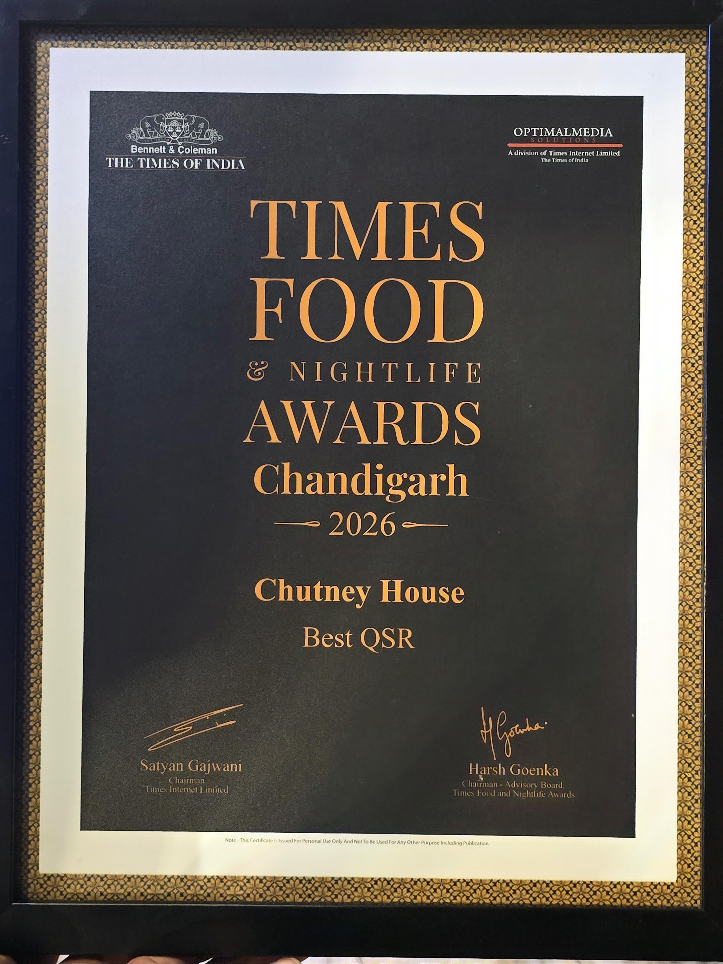Times Food and Nightlife Awards certificate for Chutney House